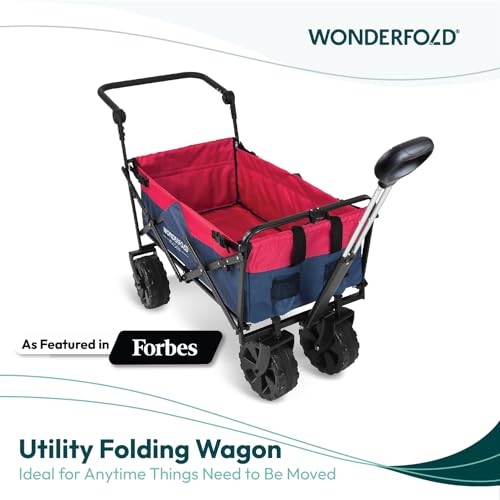 WONDERFOLD S2 Push & Pull Folding Utility Cart with Wide Beach Tires, Adjustable Push Handle, Telescopic Pull Handle with Spring Bounce Technology & Storage Pouch, Navy/Red - color: Navy/Red.