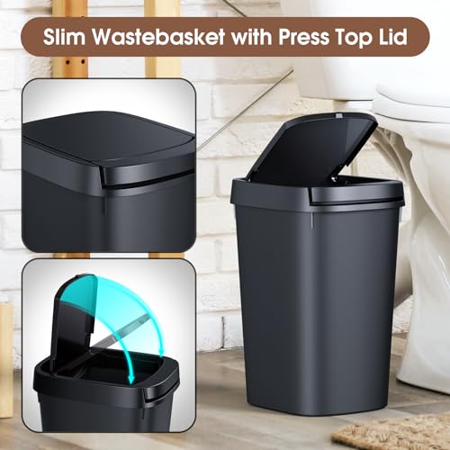 CEROELDA 3 Pack Bathroom Trash Can with Lid, 10L/2.6 Gal Small Garbage Can with Press Top Lid, Slim Plastic Waste Basket for Toilet, Office, Bedroom (Muti 1) - color: 3 Pack-Muti 1