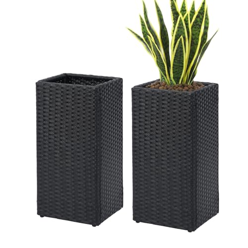 SUNNYPARK 2 Pack Tall Planters for Outdoor Rattan Square Box 12x12x24inch - color: Black 2 Pack