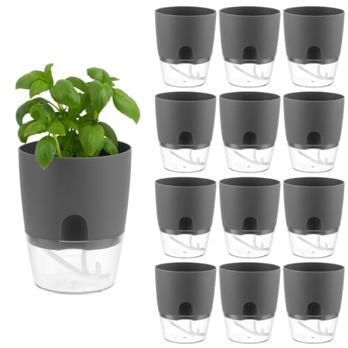 12 Pack Self Watering Pots for Indoor Plants, PlanterHoma 3.2 Inch Plant Pot Plastic Self Watering Planter for Orchid, African Violet, Mini Clear Flower Pots with Drainage Holes and Wicking Rope, Grey - color: Gray, size: 3.2 In - 12 Packs