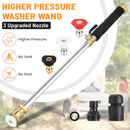 2026 Upagraded Jet Nozzle Power Washer for Garden Hose, Pressure Washer Wand with 3 Different Nozzles and Hose Quick Connectors for Car, Patio,Pet,Window, Black