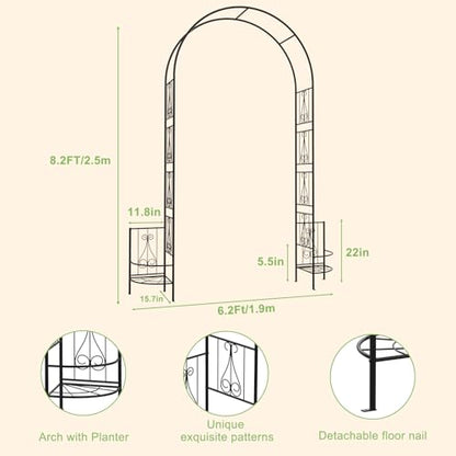 8FT Garden Arch Trellis with Planter Boxes Rustproof Black - size: 8*6 FT