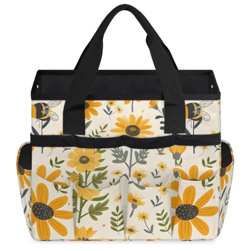 Bee Flower Garden Tool Bag for Women Waterproof & Reusable Heavy Duty Gardening Tote Storage Organizer Toiletry Bag with 10 Pockets for Garden Lawn Yard Casual Camp - color: Bee Flower