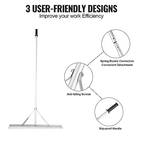 VEVOR Landscape Rake, 36" Head Aluminum Lake Weed Rake with 75" Long Handle for Loosening Soil, Lawn Care, Weeding Lake, Garden, Silver - size: 75 inch