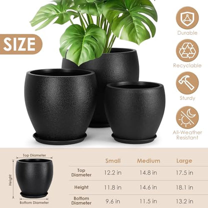 YNNICO 17.5/14.8/12.2 inch Large Flower Pots Plastic Planter with Drainage - color: Black