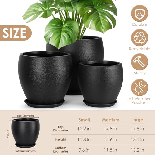 YNNICO 17.5/14.8/12.2 inch Large Flower Pots Plastic Planter with Drainage - color: Black