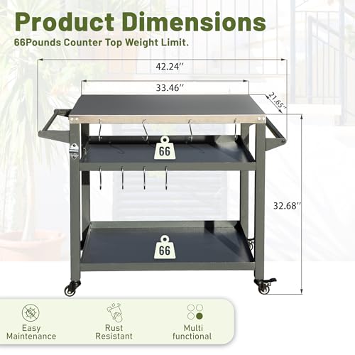 Domi 3-Shelf Outdoor Grill Table, Grill Cart Outdoor with Wheels, Pizza Oven and Food Prep Table, Blackstone with Stainless Steel Tabletop, BBQ Stand for Blackstone Griddle for Outside BBQ - style: Stainless Steel Tabletop+Solid Shelf