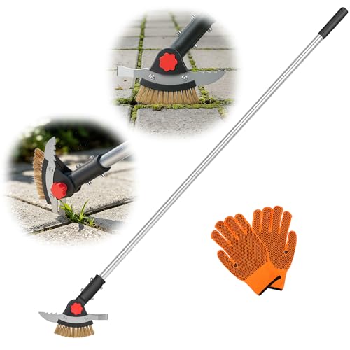 3-in-1 Crack Weeder Long Handle, Adjustable Crevice Weeding Tool with Stainless Steel Weed Brush and 2 Scrapers Weed Puller Tool for Driveway, Sidewalk, Lawn to Remove Weeds Moss Dirt (58.6")