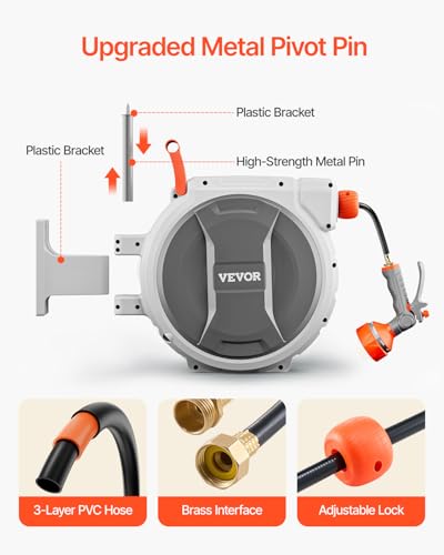 VEVOR Retractable Garden Hose Reel, 1/2 Inch x 84 ft Wall Mounted Heavy Duty Garden Hose Reel with 9 Patterns Nozzle, Any Length Lock, Upgraded Slow Return System and 180°Swivel Bracket - size: 1/2 in x 84 ft
