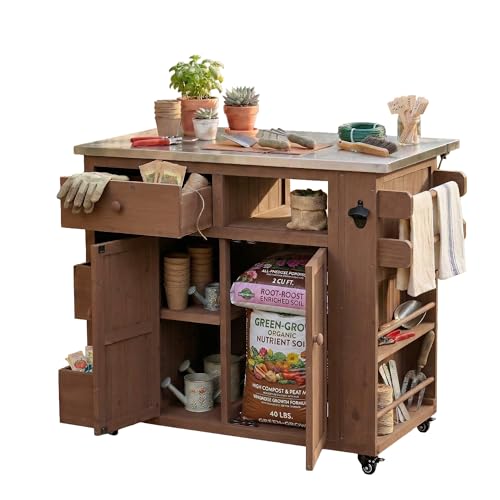 GDFStudio Winford Patio Kitchen Island Cart with Extendable Top, Wooden Outdoor Storage Cabinet with Stainless Steel BBQ Prep Table Top, Drawers, Spice Rack and Lockable Wheels, Potting Bench, Brown - color: Brown