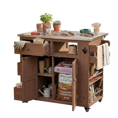 GDFStudio Winford Patio Kitchen Island Cart with Extendable Top, Wooden Outdoor Storage Cabinet with Stainless Steel BBQ Prep Table Top, Drawers, Spice Rack and Lockable Wheels, Potting Bench, Brown - color: Brown