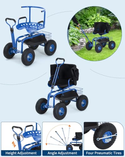 Garvee Heavy Duty Garden Cart, Garden Scooter Rolling Workseat - color: Blue With Backrest