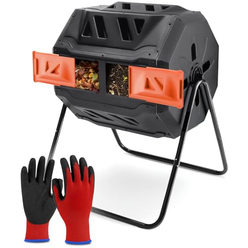PLASTIC PRINCE Compost Tumbler Rotating Garden Compost Bin Outdoor Dual Chamber 43 Gallon Backyard Composter Tumbling Barrel Mixer Outside, Large, Orange - color: Black/Orange