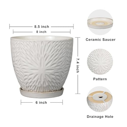 G EPGardening 8 Inch Ceramic Plant Pot with Drainage Hole and Saucer, White