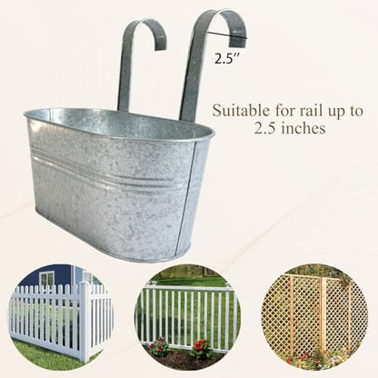 2 Pack 12" Galvanized Hanging Railing Planters with Hooks and Drainage - size: 12 Inch