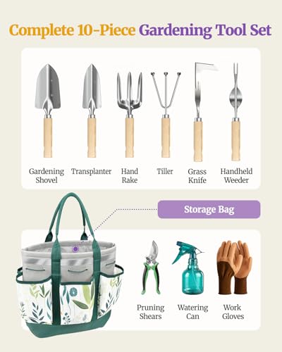 10Pcs Garden Tool Set, Rust-Proof Stainless Steel, Ash Wood Handles, Green - color: Green