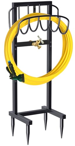 Artigarden Outdoor Garden Hose Holder Freestanding with Brass Faucet And 4 Spikes, Heavy Duty Metal Water Hose Reel Stand Hanger Rack Organizer Holds Storage 150ft Hose for Outside Yard Lawn, Black - style: Wave Style with Faucet