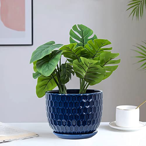 Ceramic Flower Pots with Drainage Hole and Saucer, North European Style Round Indoor Succulent Planters with Honeycomb Inspired Texture Design, Small to Medium-Sized, Set of 3, Navy Blue - size: 6.4"+5.2"+3.7" - Set of 3, style: Modern