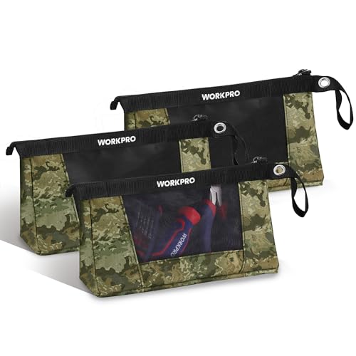 WORKPRO 12" Tool Pouches with Zipper, Heavy-Duty Small Tool Bag, Utility small tool pouch for Tool Organizers and Storage, Mini Tool Bag, 3 Pack, Camo - color: Camo