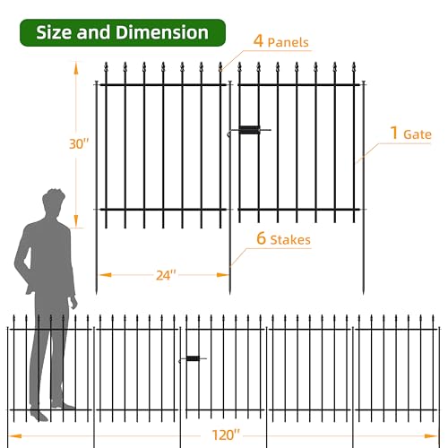 Decorative Metal Garden Fence with Gate 30" x 10', Outdoor Fence Border - size: 30″H x 10ft (1Gate+4Panels)