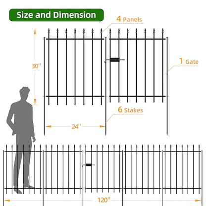 Decorative Metal Garden Fence with Gate 30" x 10', Outdoor Fence Border - size: 30″H x 10ft (1Gate+4Panels)