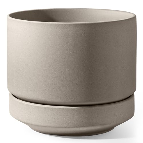 LE TAUCI 12 Inch Pots for Plants with Saucer | Ceramic Outdoor & Indoor Planter Pot for Plants | Drainage Hole, Mesh Pad | Unglazed Porous | Modern for Home, Office and Patio – Neutral Gray - color: Neutral Gray, size: 12 Inch