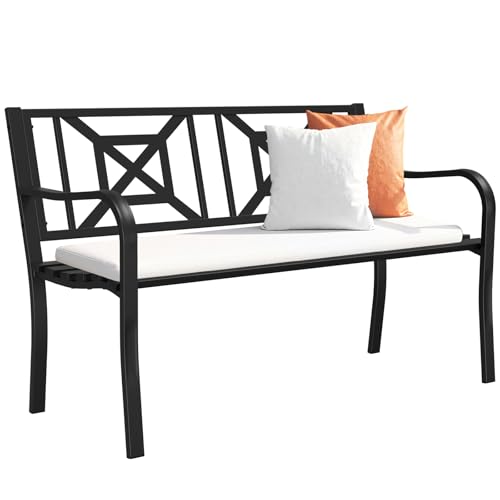 Black Outdoor Bench, Metal Weatherproof Garden Bench Cast Iron Heavy-Duty Patio Bench with Decorative Backrest for Proch Park 880lb Capacity - style: Geometric-Black