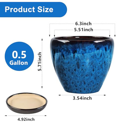 Ceramic Plant Pots With Saucer & Drainage Hole, 6 inch Indoor Flower Pots - color: Blue, size: 6 inch