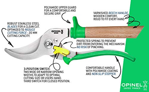 Opinel Hand Pruning Shears with non-slip beech wood handle perfect for bypass trimmers, garden, hedge, lawn clippers or hand scissors with stainless steel blade (Blue) - color: Blue