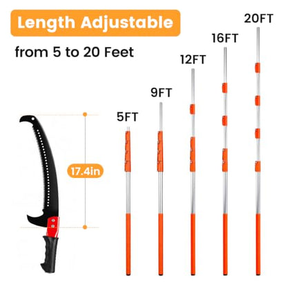 20FT Telescopic Tree Pruner Saw, Detachable Dual-Purpose High Reach Pole Pruner, Pulley Labor-Saving Branch Cutter, Extendable Manual Pole Saw for Garden Orchard Fruit Trees - size: 20FT