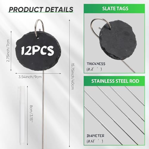 Colingmill 12 Sets Plant Labels Slate Plant Tags Garden Sign Marker Weatherproof Reusable Natural Slate Garden Sign Hanging Tag with Metal Stake and Pen for Outdoor Flower Vegetable(Oval) - style: Oval