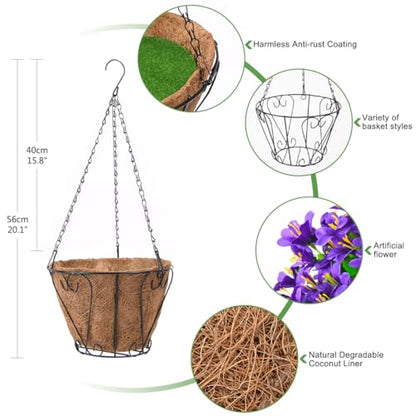 INQCMY Fake Hanging Flowers with Basket Artificial Violet for Outdoor Porch - color: Purple
