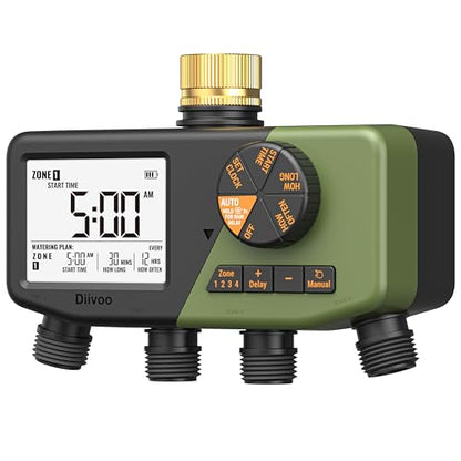 Diivoo 4 Zone Sprinkler Timer with Brass Inlet, Large Display - size: 4 Zone