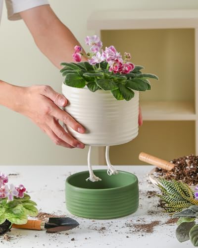 Fayoula Self Watering Pots for Indoor Plants, 6 Inch Ceramic Self Watering Plant Pot, Planter Pot with Wick Rope and Drainage Hole for African Violet Succulent Herbs (White Matte) - color: White Matte