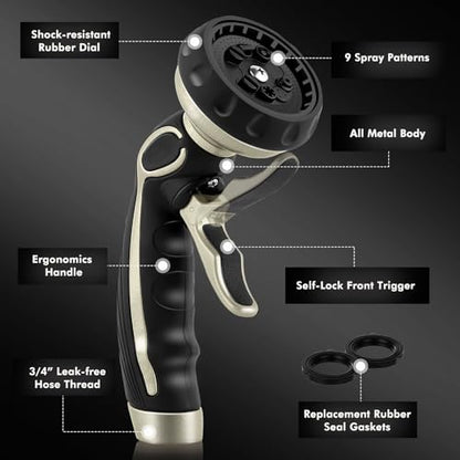 RESTMO Watering Wand Heavy Duty with 10 Spray Patterns, Heavy Duty Metal Water Hose Sprayer with 9 Spray Patterns, High Pressure | On/Off Valve, Ideal for Outdoor Lawn & Garden Watering, Car & Pet Was