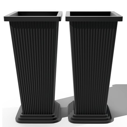 FENCY Set of 2 Tall Planters for Outdoor Plants, Black Ribbed - color: Black-square Ribbed