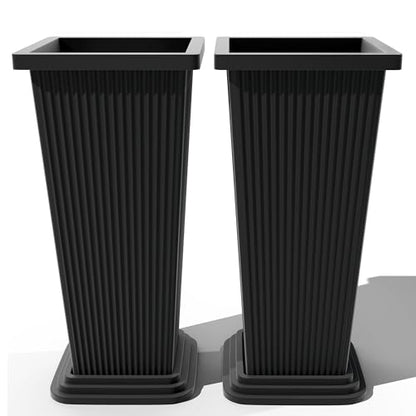 FENCY Set of 2 Tall Planters for Outdoor Plants, Black Ribbed - color: Black-square Ribbed