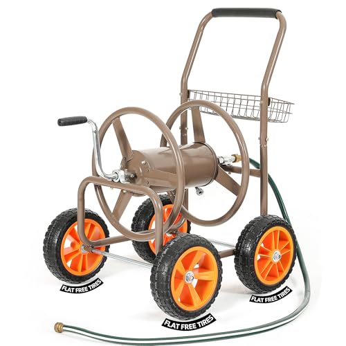 250FT Garden Hose Reel Cart, 10" NO-FLAT Tires,5/8 in, Steel Frame - color: Brown