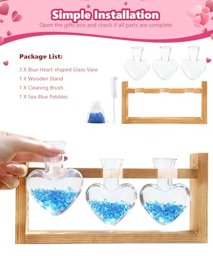 Nacome Plant Terrarium with Wooden Stand, 3 Heart Bulb Glass Vases - color: Transparent