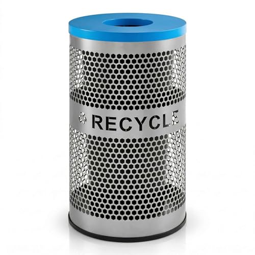 20 Gallon Stainless Steel Recycling Bin - Round Perforated Commercial Recycle Can with Can and Bottle Lid, Rigid Plastic Liner, and Rubber Base for Offices, Lobbies, and Retail Stores - size: Recycling Bin