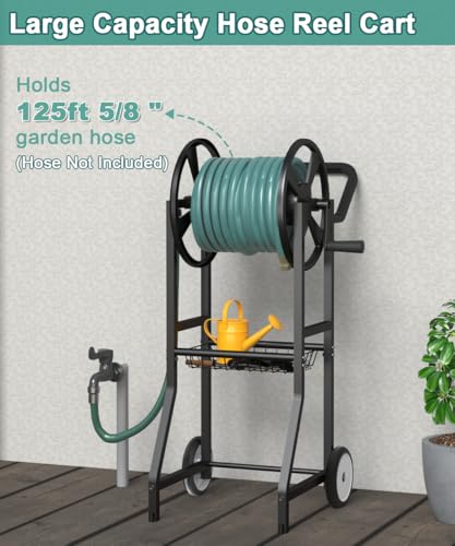 Artigarden Garden Hose Reel Cart with Wheels, Outdoor Heavy Duty Powder Coated Steel Water Winder Storage Holds 125 ft 5/8" Hoses with 3.9ft Leader Hose and Basket for Backyard, Yard, Lawn, Black - color: Black