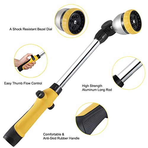FANHAO 16 Inches Garden Watering Wand, 180° Rotating Head Hose Wand with Thumb Control Shut Off Valve 8 Patterns Heavy Duty Garden Hose Nozzle Yellow - color: Yellow