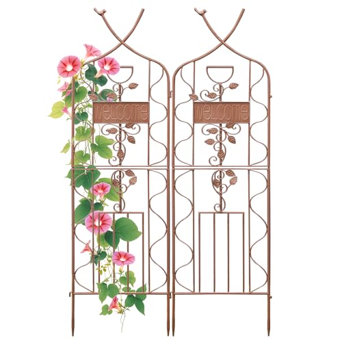 LZRS 59.5 x 36in Rustic Iron Arch Decoration Garden Trellis with Metal Coating – Perfect for Supporting Climbing Plants Outdoor, Roses, Vines, Flowers, and Vegetables, Brown - color: Brown, size: 59.5"H x 36"W