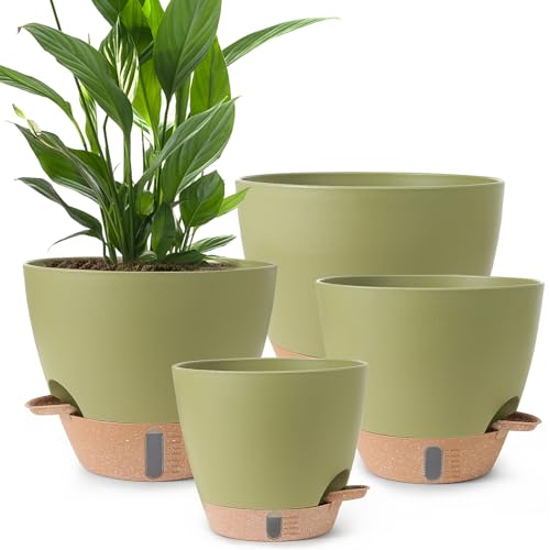 Self Watering Pots for Indoor Plants 12/10/9/8 Inch Plastic with Reservoir - color: Green