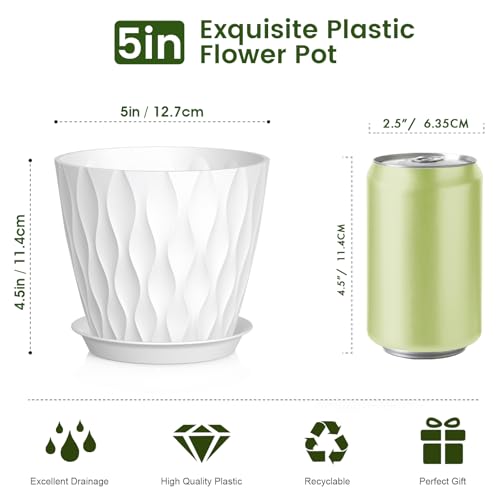 Meowell 5 inch Plant Pots for Indoor Outdoor Plants, 6 Pack Thick Nursery Pots with Drainage Holes and Saucers, 3D Modern Wave Texture Small Plastic Planter Flower Pots for Succulent, Herb, White - color: White, size: 5 inch 6 pieces
