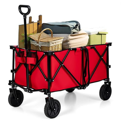 Goplus Collapsible Wagon, Folding Utility Wagon Cart w/Universal Wheels & Adjustable Handle & Cover Bag, Grocery Wagon for Garden Shopping Camping (Red) - color: Red