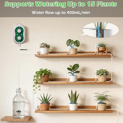 Automatic Drip Irrigation System for Garden with USB & Timer, 50FT Plant Watering Devices for 15 Pots, IP65 Waterproof 2200mAh Watering System for Indoor Outdoor Lawn Farm Greenhouse Balcony Patio