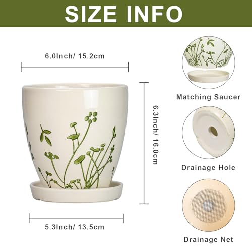 MPotTo 6 Inch Plant Pot, Ceramic Pots for Plants, Grasses White - color: Grasses White, size: 6 Inch