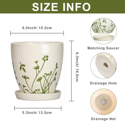 MPotTo 6 Inch Plant Pot, Ceramic Pots for Plants, Grasses White - color: Grasses White, size: 6 Inch