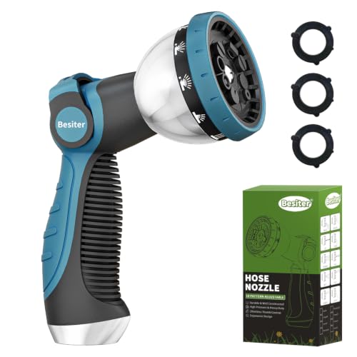 Besiter Garden Hose Nozzle, Hose Sprayer Nozzle with 10 Spray Patterns, Thumb Control On Off Valve, High Pressure Metal Water Hose Nozzle for Car Wash, Plants, Pets & Outdoor Cleaning, Blue - color: Blue